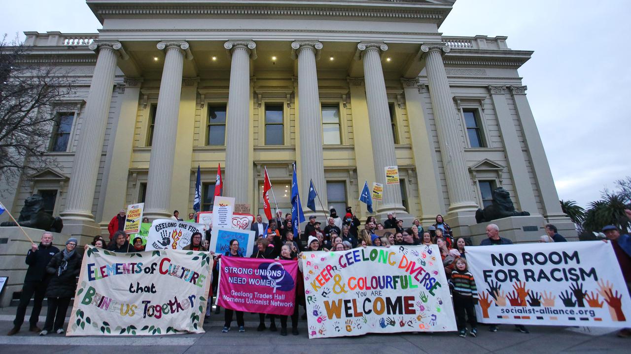 About 100 people attended at a pro-immigration rally on the steps of Geelong’s City Hall to protest recent neo-Nazis group stunts in Geelong. Picture: Alan Barber