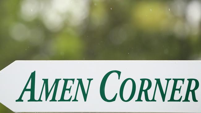 A sign for Amen Corner is displayed during a practice round prior to the start of the 2017 Masters Tournament.