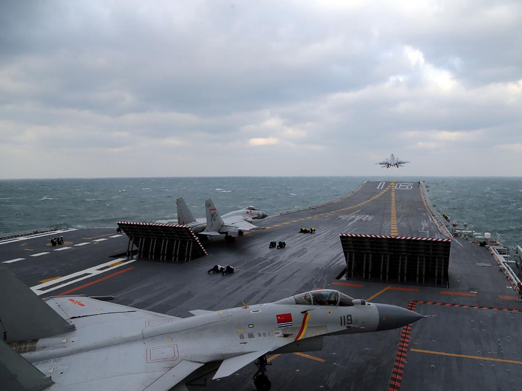 Chinese J-15 fighter jets being launched from the deck of the Liaoning aircraft carrier. The design has proven too heavy and unreliable for naval operations. Picture: AFP