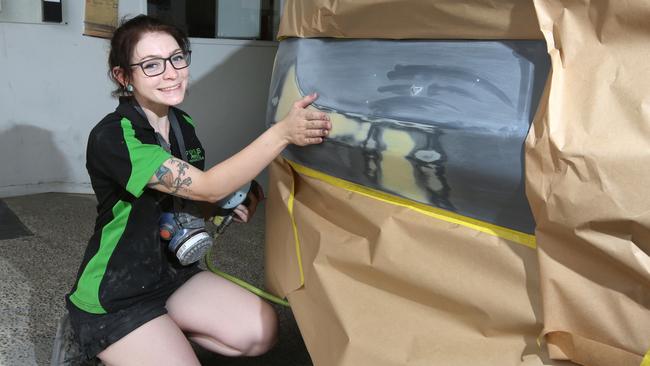 Megan Riley originally planned to go to art school but then changed her mind and is now an automotive refinishing technician at Pymble Accident Repair Centre. Picture: Bob Barker.