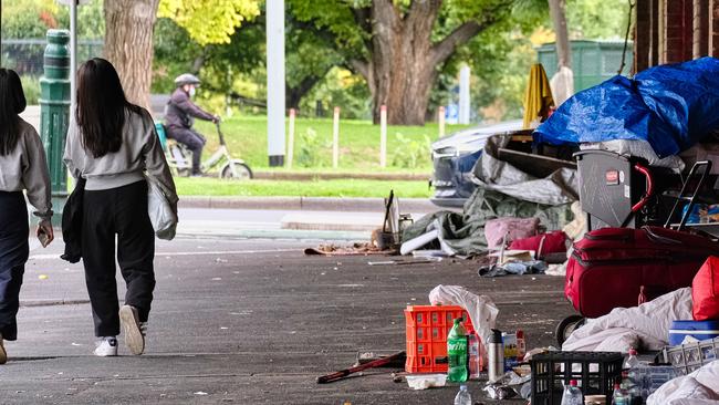 MELBOURNE, AUSTRALIA - NewsWire Photos 22  APRIL 2023: Homeless people and their belongings are seen near MelbourneÃ¢â¬â¢s Queen Victoria market.Picture: NCA NewsWire / Luis Ascui