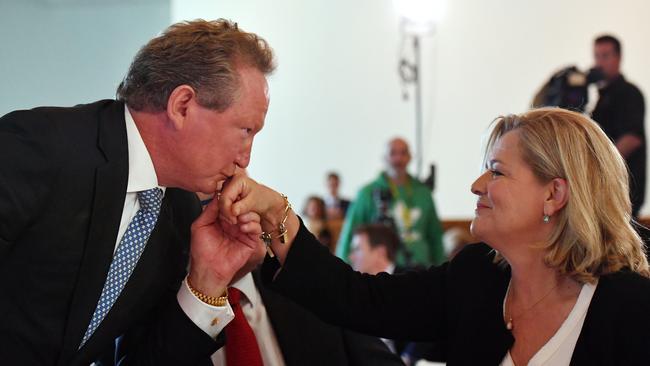 Andrew 'Twiggy' Forrest kisses the hand of wife Nicola. Picture: Mick Tsikas/AAP