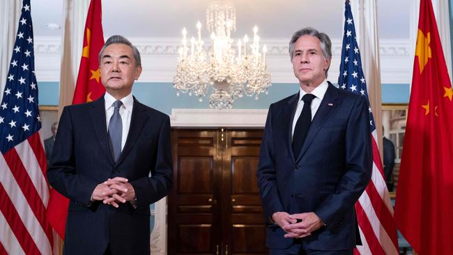 Wang Yi and Antony Blinken speak to the press prior to meetings at the State Department in Washington on Thursday. Picture: AFP