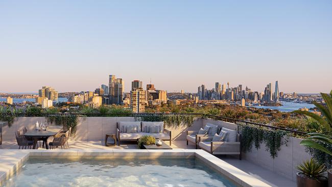 An artist impression of the view from the rooftop pool at the apartment tower called Elevate at Hume Place.