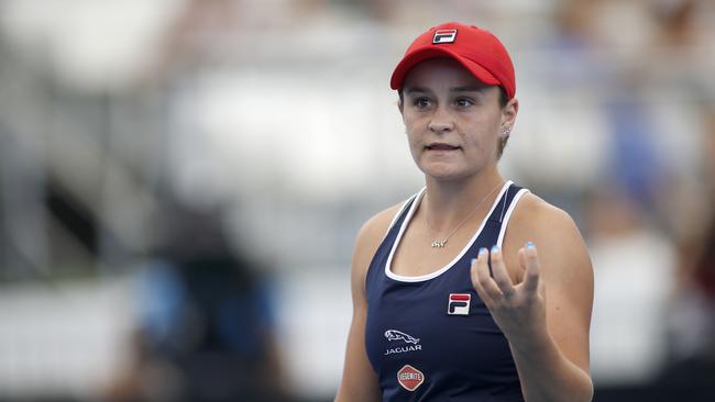 Ashleigh Barty of Australia reacts after loosing a game against Anastasia Pavlyuchenkova of Russia during day 3 of the Adelaide International tennis tournament atMemorial Drive Tennis Centre inAdelaide, Tuesday, January 14, 2020. (AAP Image/Kelly Barnes) NO ARCHIVING, EDITORIAL USE ONLY