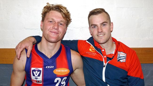 Campbell Walker (left) and Blake Pearson after Port Melbourne’s win over Werribee. Pic: Jenny Tserkezidis