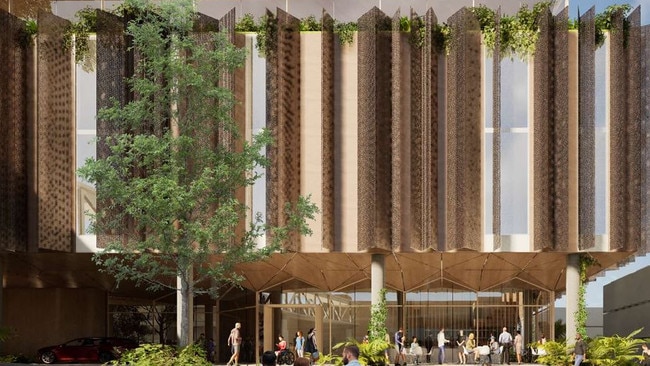 Render of the foyer and front facade, said to reflect nearby Oasis apartments.