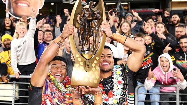 Panthers’ close friends and teammates Brian To'o and Stephen Crichton, celebrating Penrith’s second grand final win. Picture: Mark Kolbe/Getty Images