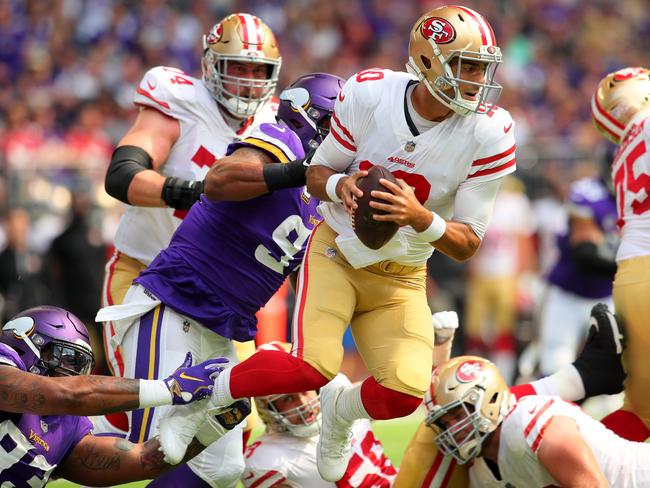 49ers QB Jimmy Garoppolo (C) had the worst game of his career. Picture: Getty