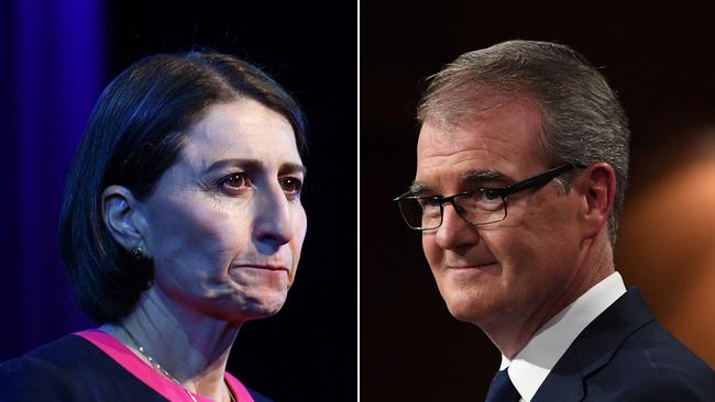 A comparison diptych generated on Sunday, March 10, 2019, shows (left) NSW Premier Gladys Berejiklian at the NSW Liberal Campaign Launch at Penrith Panthers Leagues Club in Sydney, Sunday, March 10, 2019. (right) NSW Labor leader Michael Daley speaks during the NSW Labor Party election campaign launch in Revesby in southwest Sydney, Sunday, March 10, 2019. (AAP Image/Mick Tsikas, Joel Carrett) NO ARCHIVING