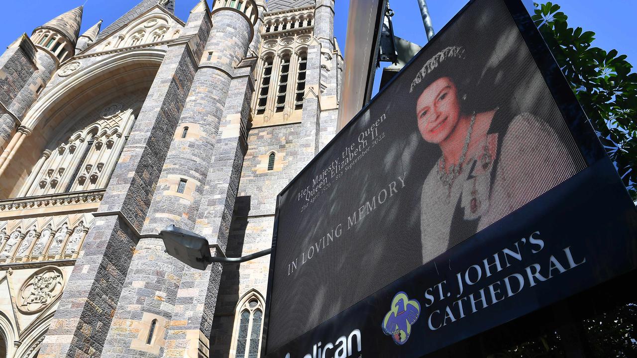 Brisbane, Australia: A billboard of remembrence outside Saint Johns Anglican Cathedral in Brisbane with a tribute to Her Majesty Queen Elizabeth on the day of her funeral. Picture: NCA NewsWire