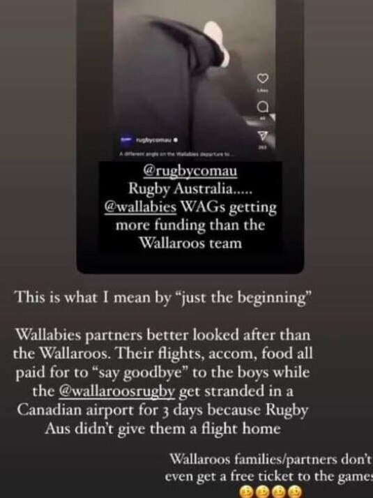 Rugby Australia has been accused of treating the WAGs better than the women’s team. Picture: Instagram