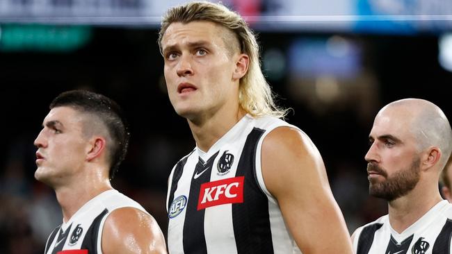 MELBOURNE, AUSTRALIA - MARCH 21: Darcy Moore of the Magpies looks dejected after a loss during the 2024 AFL Round 02 match between the St Kilda Saints and the Collingwood Magpies at the Melbourne Cricket Ground on March 21, 2024 in Melbourne, Australia. (Photo by Michael Willson/AFL Photos via Getty Images)