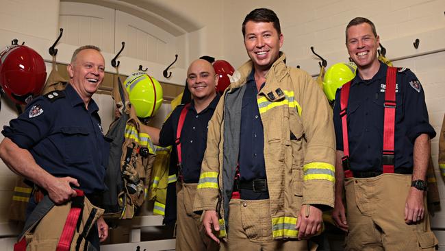 Pride of Australia firefighter nominees L-R: Mike Stuart, Gonzalo Herrera, Mitch Bennetts and Bennett Gardiner at their fire station in Drummoyne on Tuesday. Picture: Adam Yip