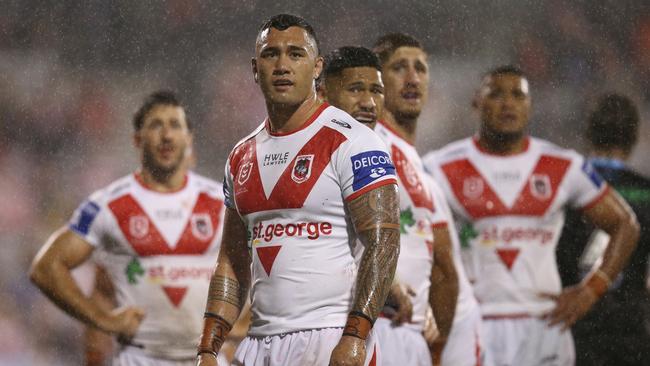 WOLLONGONG, AUSTRALIA - MARCH 24: Jayden Su'A of the Dragons looks on during the round three NRL match between the St George Illawarra Dragons and the Cronulla Sharks at WIN Stadium on March 24, 2022 in Wollongong, Australia. (Photo by Jason McCawley/Getty Images)