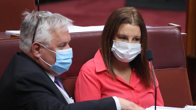 CANBERRA, AUSTRALIA NewsWire Photos FEBRUARY, 10 2022: Senators Rex Patrick and Jacqui Lambie. Parliament House in the Senate Chamber after a late night in the House of Representatives with the government's religious discrimination bill. Picture: NCA Newswire/Gary Ramage