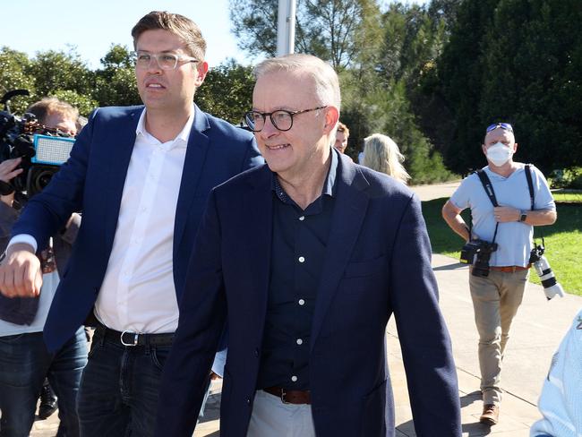 Labor leader Anthony Albanese visits Ryde Wharf Market in the seat of Bennelong, accompanied by Labor’s candidate Jerome Laxale. Picture: Liam Kidston