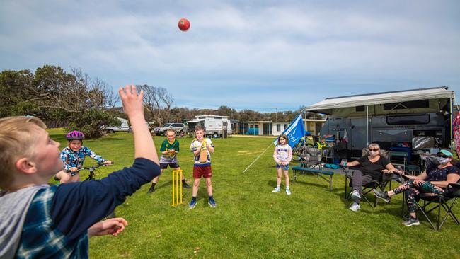 A family enjoys time away at Bass Coast’s Powlett River Caravan Park. Picture: Jason Edwards