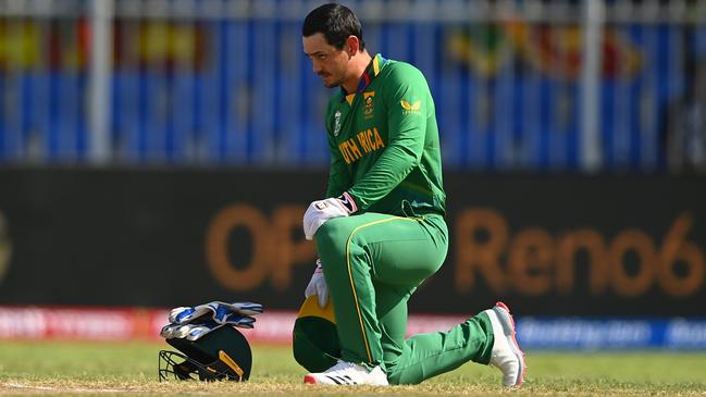 Quinton de Kock takes the knee before South Africa’s T20 World Cup match against Sri Lanka. Picture: Alex Davidson/Getty Images