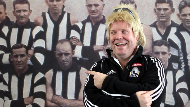 Not impressed: Proud Magpies fan Peter Helliar as his alter ego Bryan ‘Strauchanie’ Strauchan during a visit to the Collingwood Football Club.