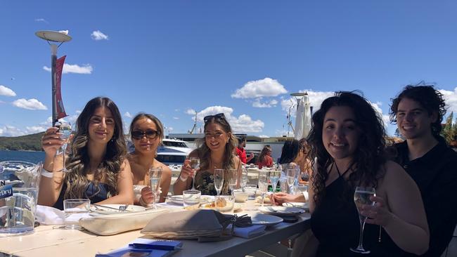 (Left to right) Rebecca Riley, Potts Point, madison, Potts Point, Sienna, Double Bay, matt, Double Bay and Elizabeth McAdams, Vaucluse, at the Manly Wharf Bar for the 2022 Melbourne Cup event. Picture: Jim O'Rourke