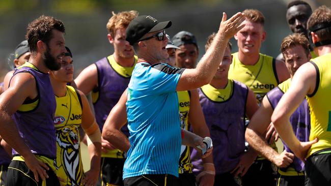 Damien Hardwick lays down the law at the Tiger’s pre-season training camp. Picture: AFL Media