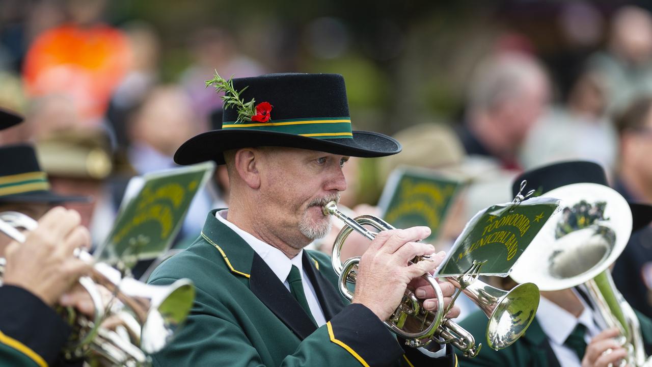 Toowoomba Municipal Band member Steve Clulow plays with the band during the Citizens Commemoration Service at the Mothers' Memorial on Anzac Day, Monday, April 25, 2022. Picture: Kevin Farmer