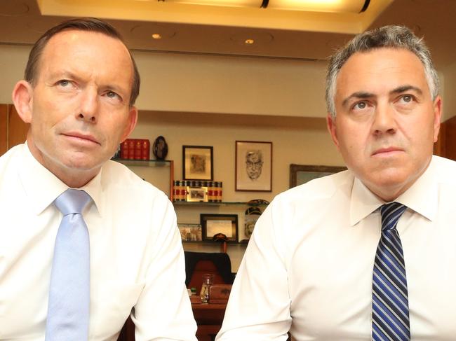 Job ID: PD282212. The Prime Minister Tony Abbott with the Treasurer Joe Hockey in the Prime Ministers office chatting about the upcoming Budget for 2014. Pic by: Gary Ramage.