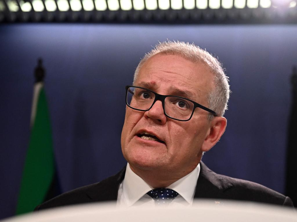 Australia's former prime minister Scott Morrison speaks to media during a press conference in Sydney on August 17, 2022. Picture: Steven Saphore / AFP