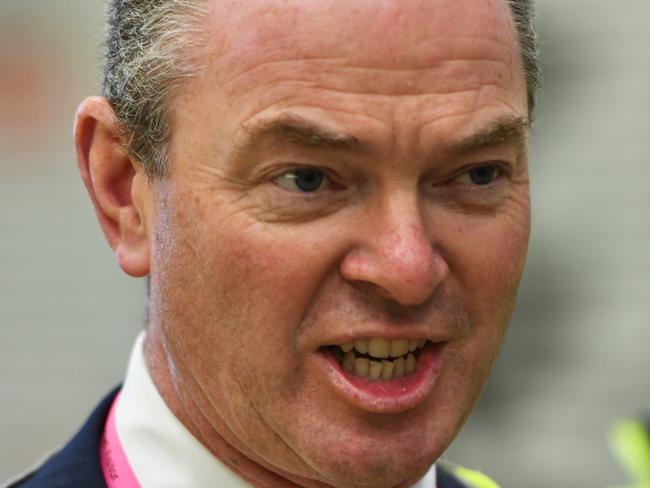 Australian Minister for Defence Industry Christopher Pyne speaks to the media during a tour of the HMAS Collins - the first Collins Class Submarine - at the ASC North operations in Adelaide, Thursday, June 14, 2018. Australia's Collins Class submarines will be fitted out with half a billion dollars worth of new high-tech sensors to help detect enemy boats and submarines. (AAP Image/Mark Brake) NO ARCHIVING