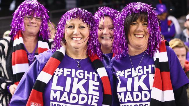 Fans wear #FightLikeMaddie T-shirts at Etihad. Picture: Robert Cianflone/Getty Images