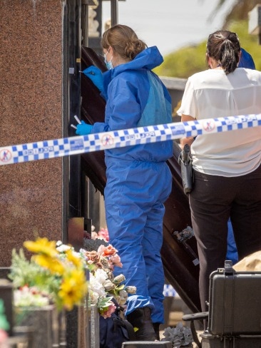 Officers spent more than six hours at the mausoleum searching for evidence. Picture: Jason Edwards