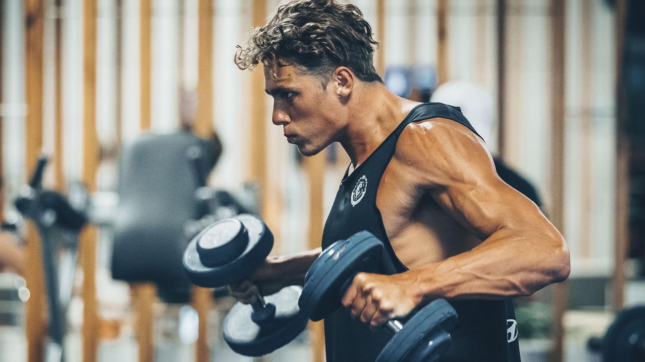 Charlie Curnow in the weight room during Carlton's pre-season camp on the Sunshine Coast on February 5, 2019. Picture: BEN VOS