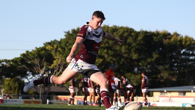 Josh Rogers kicks for goal for the Burleigh Bears. Picture: Jason Oâ&#128;&#153;Brien/QRL