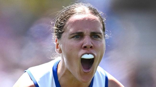 MELBOURNE, AUSTRALIA - DECEMBER 03: Jasmine Garner of the Kangaroos celebrates kicking a goal during the AFLW Grand Final match between North Melbourne Tasmania Kangaroos and Brisbane Lions at Ikon Park, on December 03, 2023, in Melbourne, Australia. (Photo by Quinn Rooney/Getty Images) *** BESTPIX ***