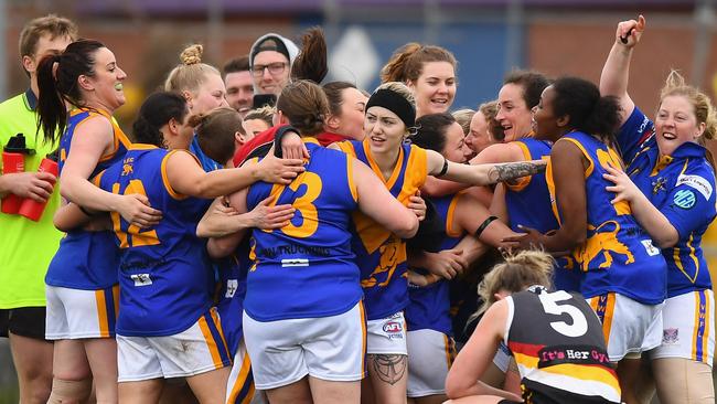 Deer Park players celebrate their upset win over Bendigo. Picture: Quinn Rooney.