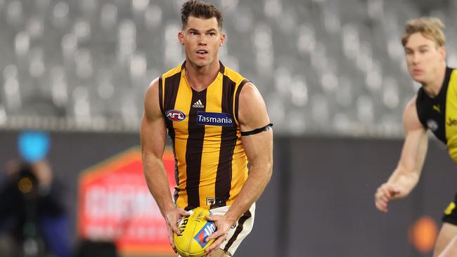 Hawthorn star Jaeger O’Meara and his happy Hawks will have to make a new home in NSW. Picture: Michael Klein