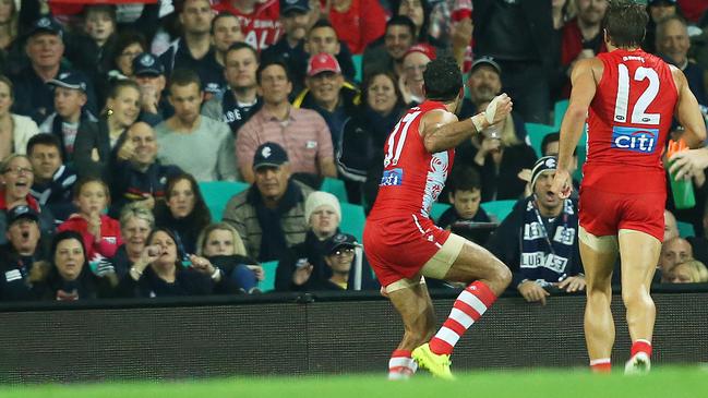 Goodes celebrates a goal with an Indigenous dance at the SCG. Pitcure: Phil Hillyard