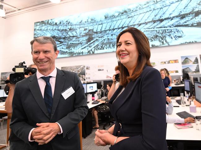 Premier Annastacia Palaszczuk formally opens the Asia-Pacific headquarters of architectural design firm Populous with its global director Paul Henry. Populous is renowned for designing Olympic venues around the world. Picture: Dan Peled/NCA NewsWire