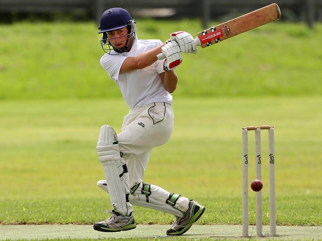 Sam Smillie batting during the under 15 Div 2 Junior cricket grand final between Cobbitty Narellan v Collegians at Stromferry Oval, St Andrews. Picture: Jonathan Ng