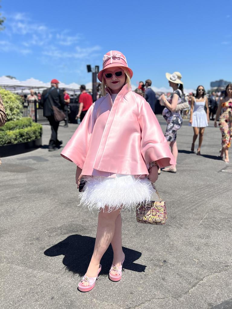 Alicia Marshall, wearing Vivienna Lorikeet in the Bird Cage at the Melbourne Cup. Picture: Newswire / Alexandra Feiam