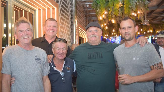 Paul Spillane, Eric Shailer, Matt Spilane, Chris DeMarchi and Andrew Guthrie at the Airlie Beach Hotel opening on Saturday night. (2018)