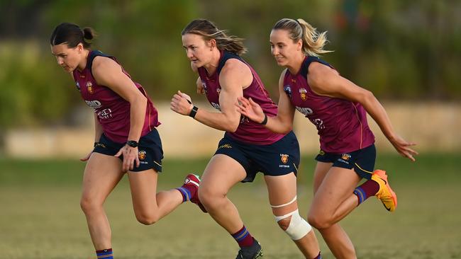 Lions trio (from left) Sophie Conway, Shannon Campbell and Natalie Grider prepare for Saturday’s grand final. Picture: Albert Perez/Getty Images