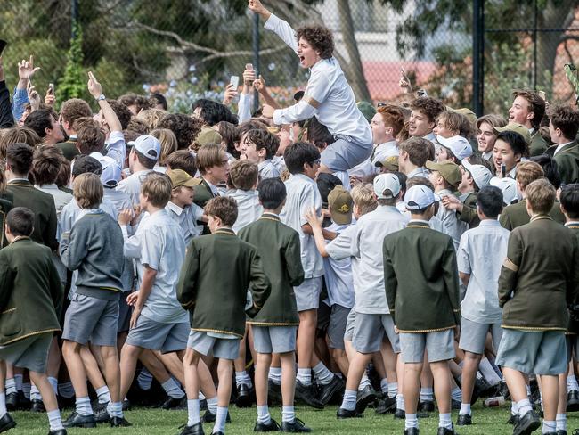 Trinity Grammar students protest over the sacking of Rohan Brown. Picture: Jake Nowakowski