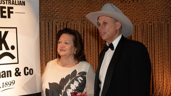 Hancock Agriculture chair Gina Rinehart with Adam Giles, CEO of Hancock Agriculture, at Meat and Wine restaurant in Mayfair, London. Picture: Lionel Derimais