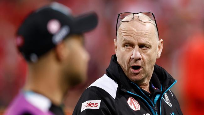 SYDNEY, AUSTRALIA – SEPTEMBER 20: Ken Hinkley, Senior Coach of the Power looks on during the 2024 AFL First Preliminary Final match between the Sydney Swans and the Port Adelaide Power at The Sydney Cricket Ground on September 20, 2024 in Sydney, Australia. (Photo by Michael Willson/AFL Photos via Getty Images)