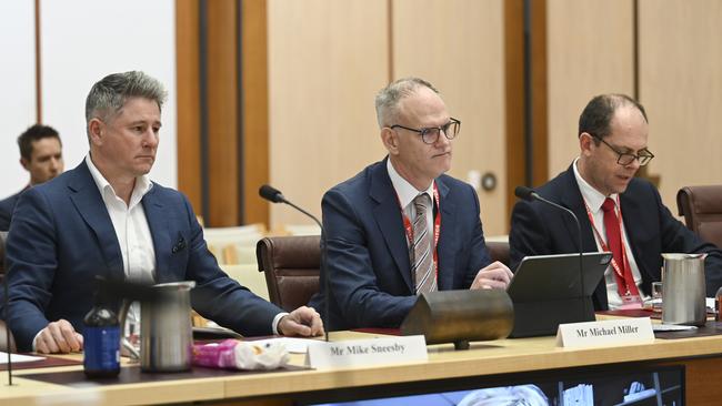 Mike Sneesby, Nine Entertainment Chief Executive Officer, Michael Miller, News Corp Australia Executive Chairman and Jeffrey Howard, Seven West Media Managing Director &amp; Chief Executive Officer appear before the Joint Select Committee on Social Media and Australian Society at Parliament House in Canberra. Picture: NewsWire / Martin Ollman