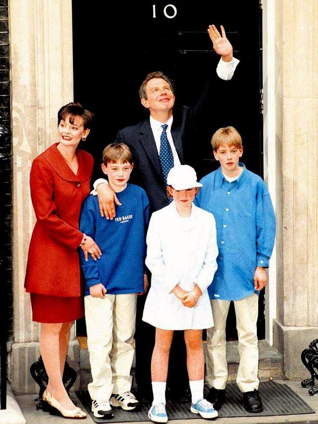 Blair with wife Cherie and children Euan, Nicholas and Kathryn outside Number 10 Downing Street following the 1997 election. Picture: The Times