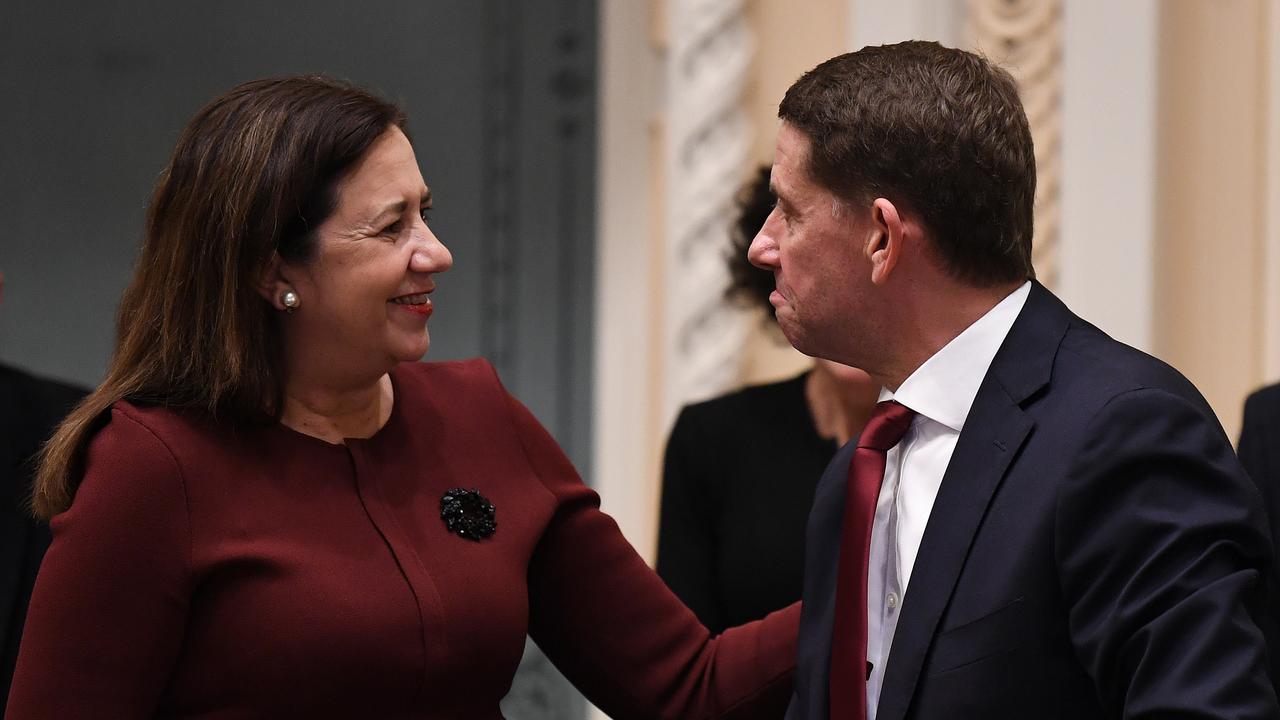 Queensland Treasurer Cameron Dick drivers is congratulated by Premier Annastacia Palaszczuk after he delivered his budget speech at Parliament House. Picture: NCA NewsWire / Dan Peled