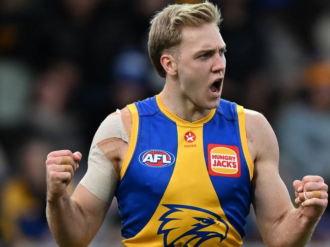 HOBART, AUSTRALIA - AUGUST 10: Oscar Allen of the Eagles celebrates a goal during the round 22 AFL match between North Melbourne Kangaroos and West Coast Eagles at Blundstone Arena, on August 10, 2024, in Hobart, Australia. (Photo by Steve Bell/Getty Images)